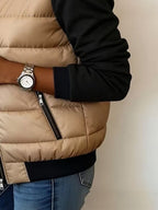 Color Block Hooded Puffer Jacket with Knit Long Sleeves