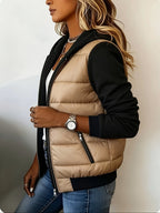 Color Block Hooded Puffer Jacket with Knit Long Sleeves