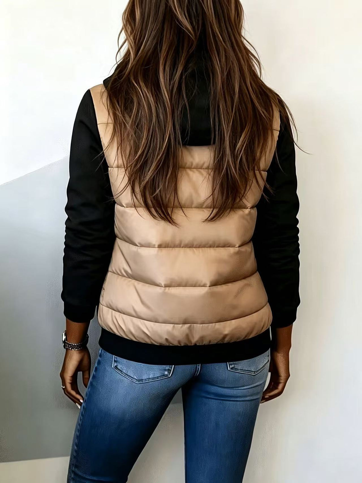 Color Block Hooded Puffer Jacket with Knit Long Sleeves