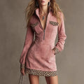 Pink Suede Leopard Trim Half Zip Long Sleeve Mini Dress