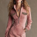 Pink Suede Leopard Trim Half Zip Long Sleeve Mini Dress