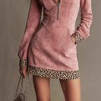 Pink Suede Leopard Trim Half Zip Long Sleeve Mini Dress