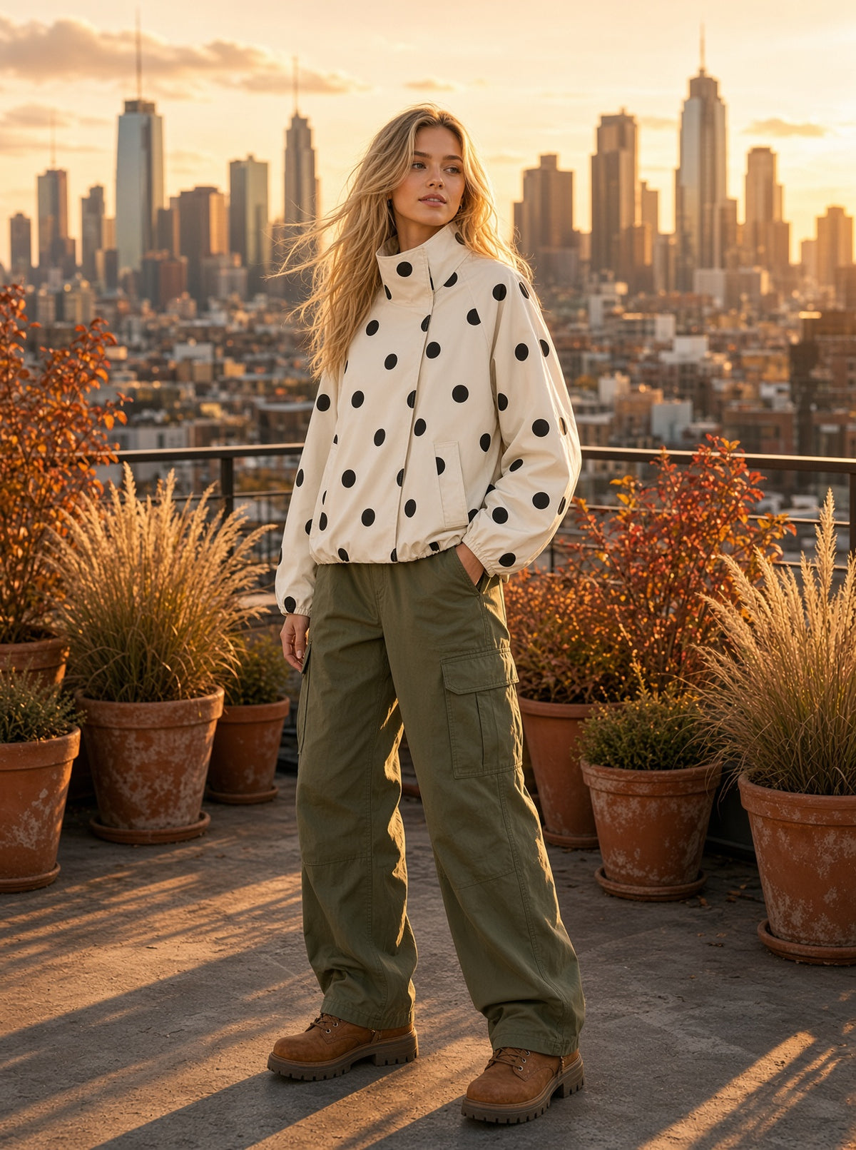 Cream Polka Dot Balloon Sleeve Jacket – High Neck Lightweight Outerwear