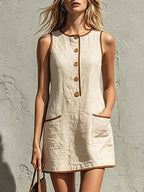 Sleeveless Button Front Casual Mini Dress with Pockets