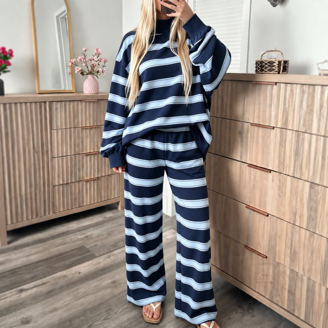 Striped Knit Lounge Set – Relaxed Crewneck Sweatshirt & Wide-Leg Pants