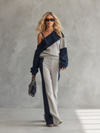 casual-sportswear-patchwork-one-shoulder-sweatshirt-and-sweatpants-set - Oyrosy