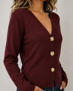 V‑Neck Decorative Gold Button Long Sleeve Knit Cardigan