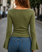 Boat Neck Bell Sleeve Ribbed Knit Sweater