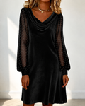 Women's Cowl Neck Polka‑Dot Mesh Long Sleeve Velvet Midi Dress