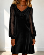 Women's Cowl Neck Polka‑Dot Mesh Long Sleeve Velvet Midi Dress