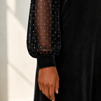 Women's Cowl Neck Polka‑Dot Mesh Long Sleeve Velvet Midi Dress