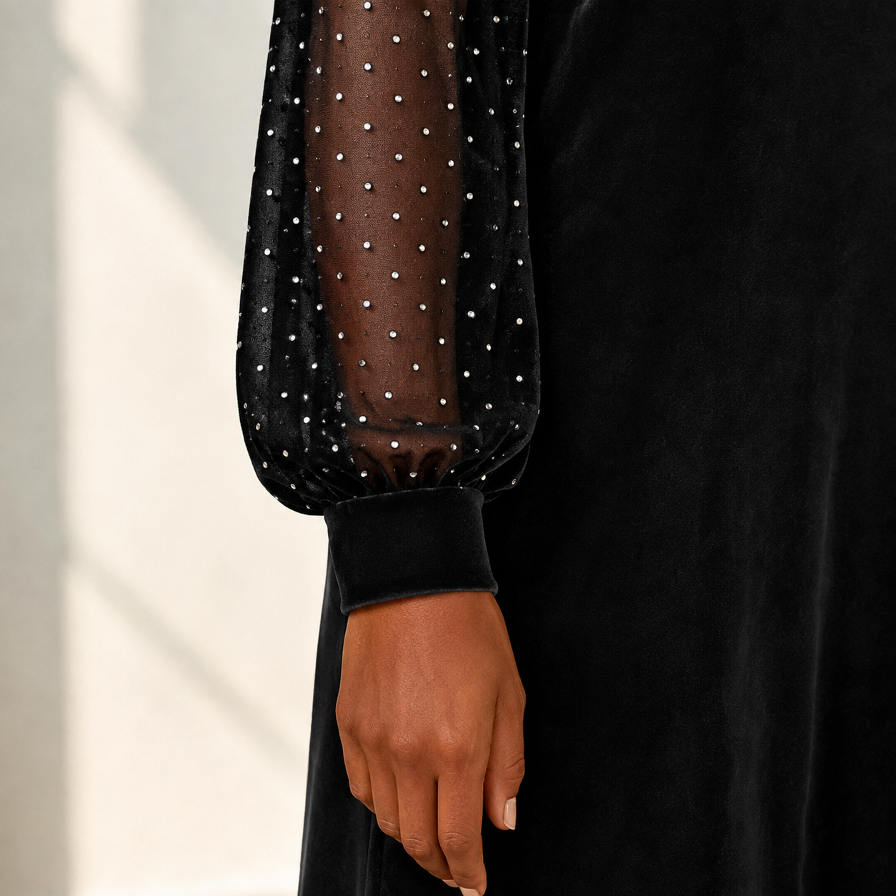 Women's Cowl Neck Polka‑Dot Mesh Long Sleeve Velvet Midi Dress