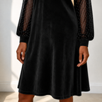 Women's Cowl Neck Polka‑Dot Mesh Long Sleeve Velvet Midi Dress