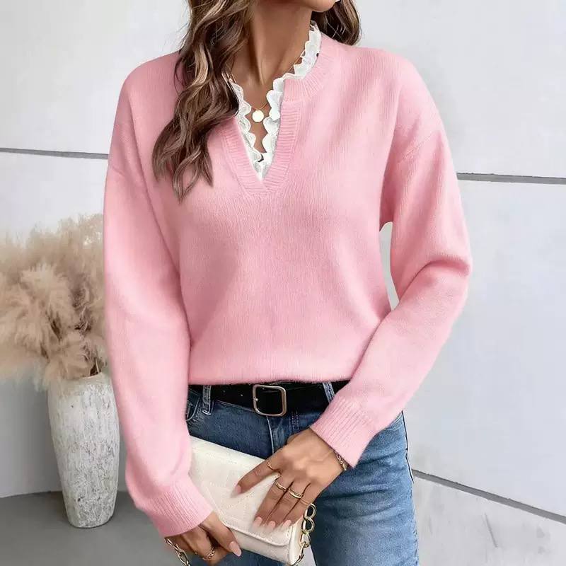 Women's Lace Trim V Neck Sweater