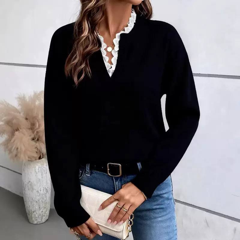 Women's Lace Trim V Neck Sweater