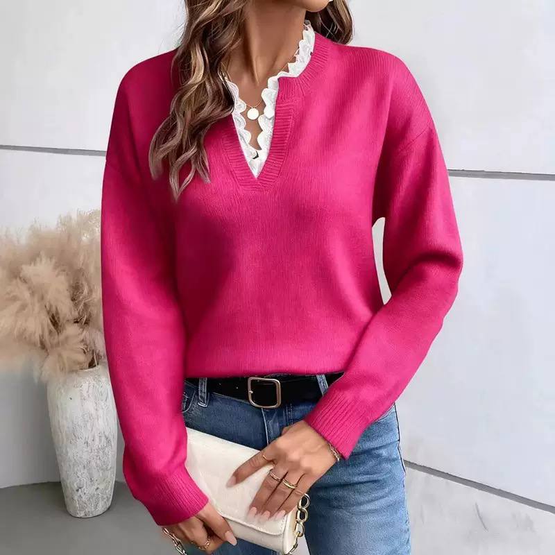 Women's Lace Trim V Neck Sweater