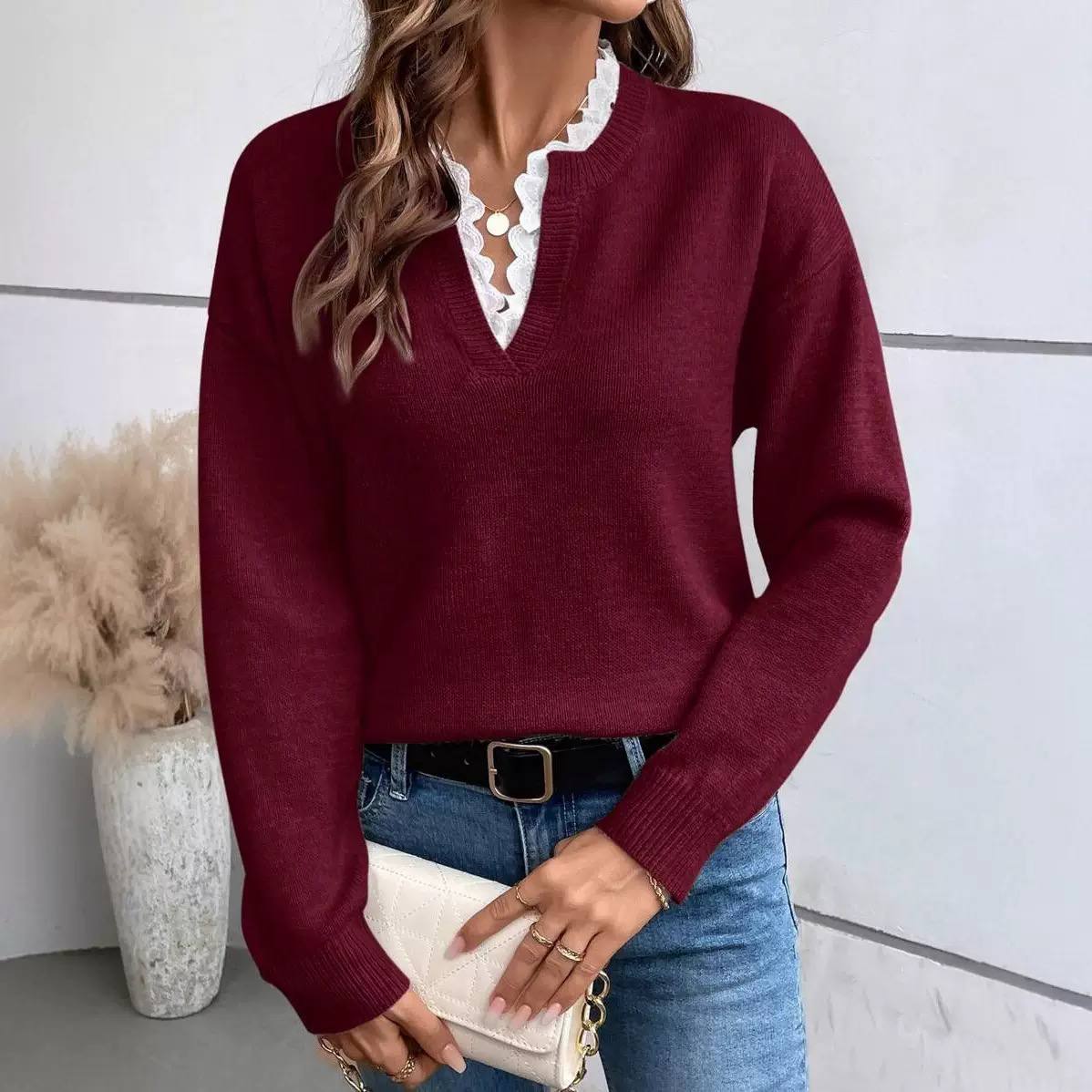 Women's Lace Trim V Neck Sweater