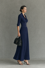 Women's Elegant Button-Front Collared Pleated Knit Dress