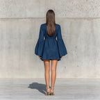 Ruffled High?Neck Bell?Sleeve Elastic Waist Mini Dress