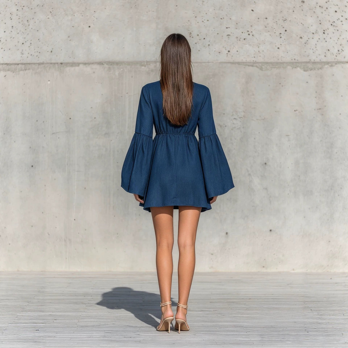 Ruffled High?Neck Bell?Sleeve Elastic Waist Mini Dress