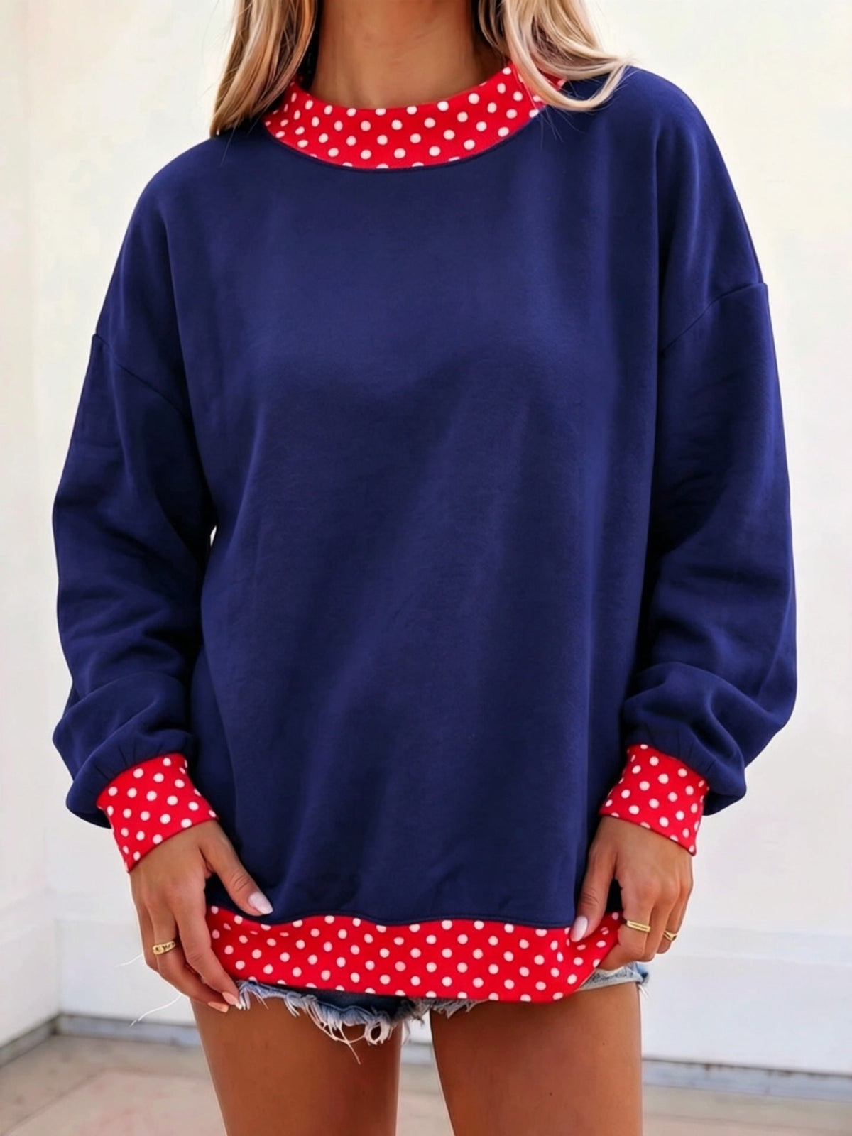 Oversized Sweatshirt with Polka Dot Trim