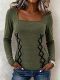Women's Square Neck Waffle Knit Long Sleeve Top With Side Lace Up Detail