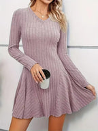 Ribbed Knit V‑Neck Long‑Sleeve Flared Mini Dress