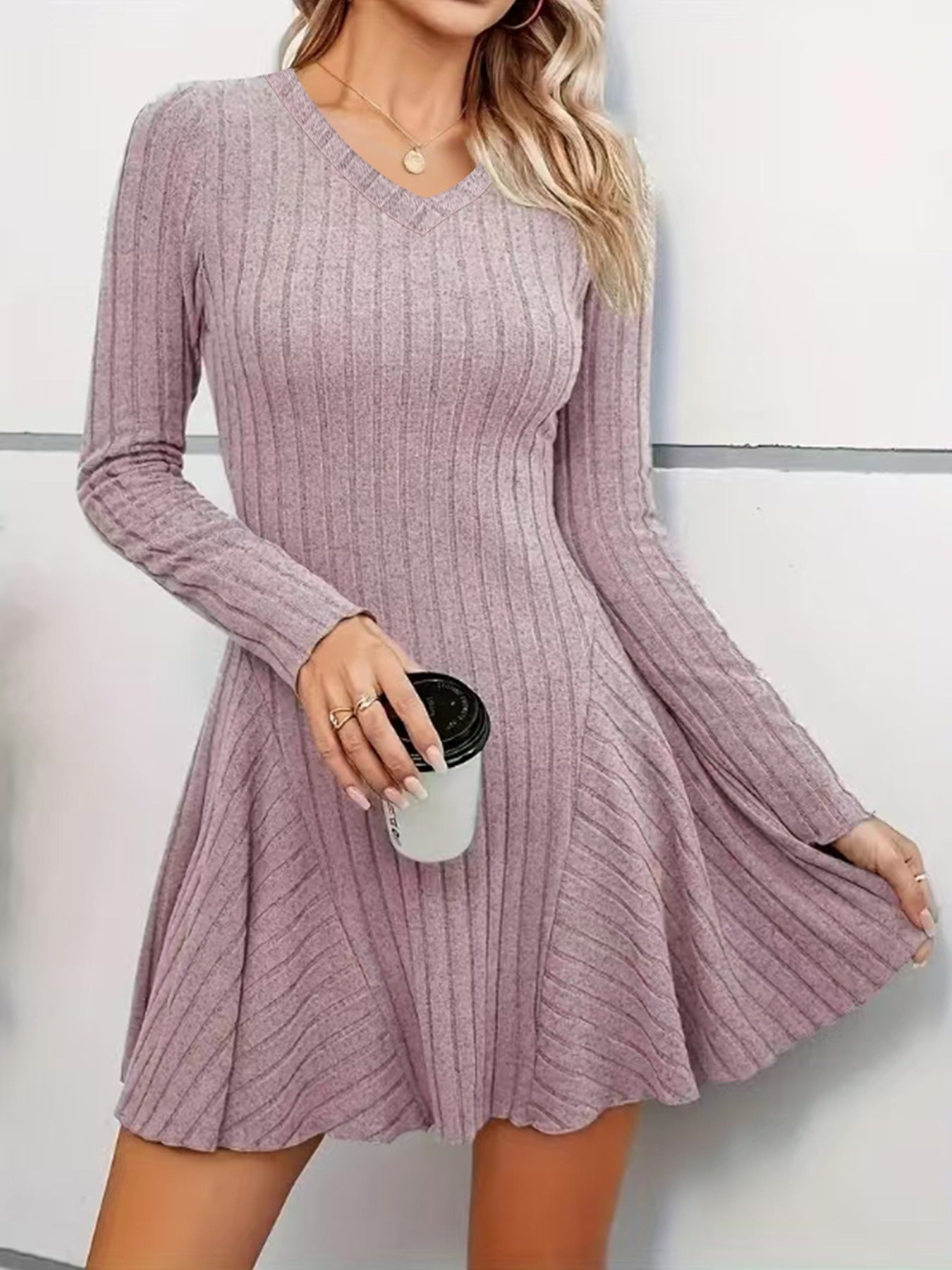 Ribbed Knit V‑Neck Long‑Sleeve Flared Mini Dress