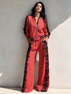 Bomber Jacket & Wide?Leg Pants Two?Piece Set with Black Lace Trim