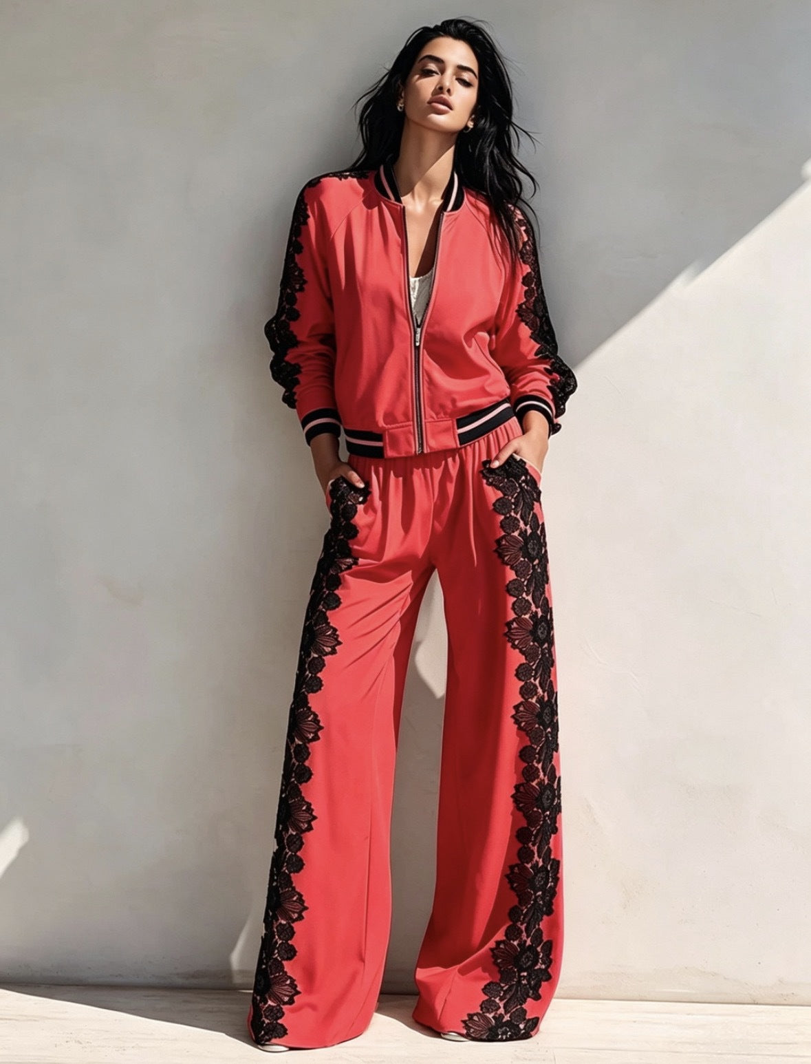 Bomber Jacket & Wide?Leg Pants Two?Piece Set with Black Lace Trim