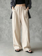 Elastic Drawstring Waist Linen Blend Wide‑Leg Pants
