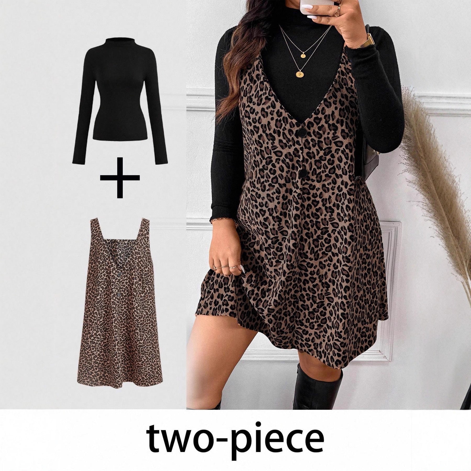 Women's High‑Neck Long Sleeve Top & V‑Neck Sleeveless Mini Dress Two‑Piece Set