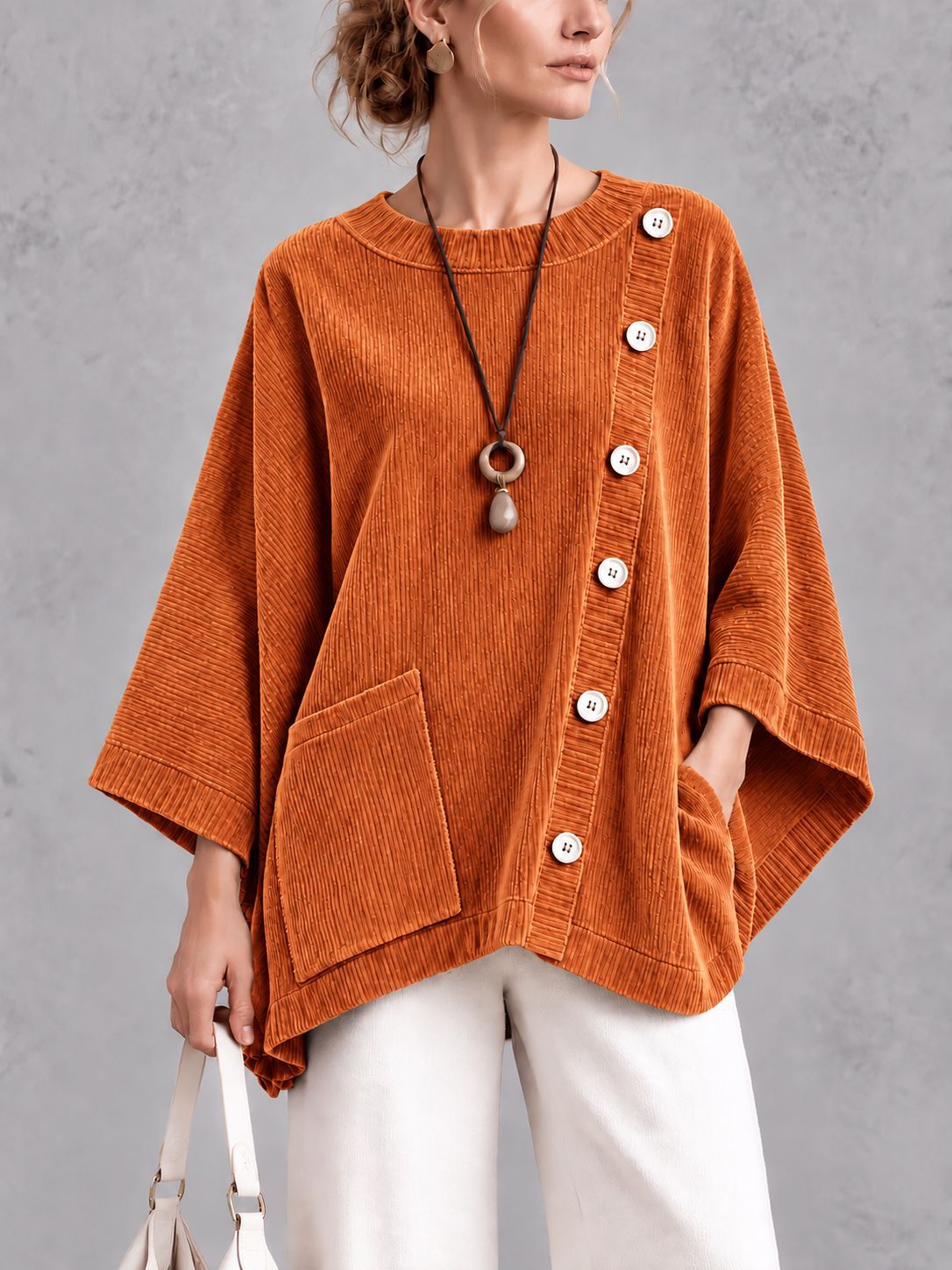 Oversized Corduroy Tunic with Button Detail