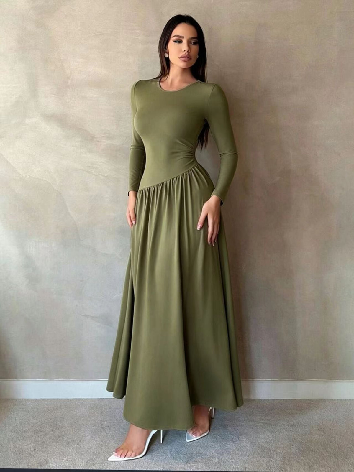Ruched Waist Long Sleeve Maxi Dress