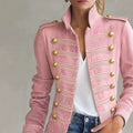 Women’s Stand Collar Double Breasted Gold Button Decor Denim Jacket