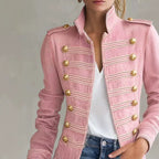 Women’s Stand Collar Double Breasted Gold Button Decor Denim Jacket