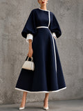 Women¡¯s Solid Navy Contrast?Trim Balloon?Sleeve Belted Maxi Dress - Navy / S