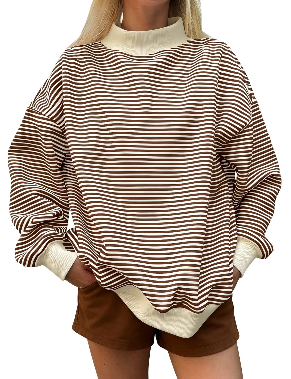 Oversized Striped Mock Neck Sweatshirt