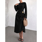 Round Neck Flare Sleeve Gold Ornament Ruched Midi Dress