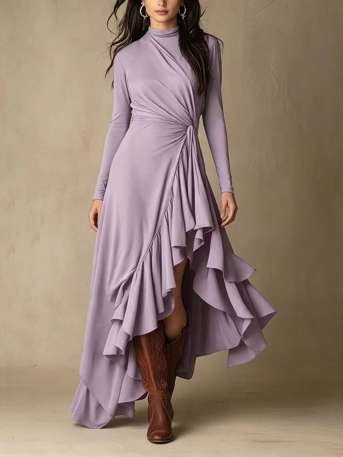 Mock Neck Wrap Dress with Asymmetric Ruffle Hem