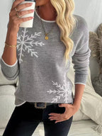 Women's Crew Neck Snowflake Print Long Sleeve Christmas Knit Sweater