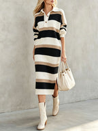 Striped Polo Collar Knit Midi Dress
