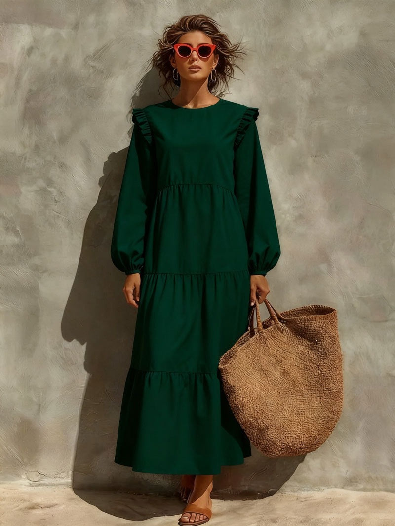 Women's Solid Emerald Green Ruffle Shoulder Tiered Long?Sleeve Maxi Dress