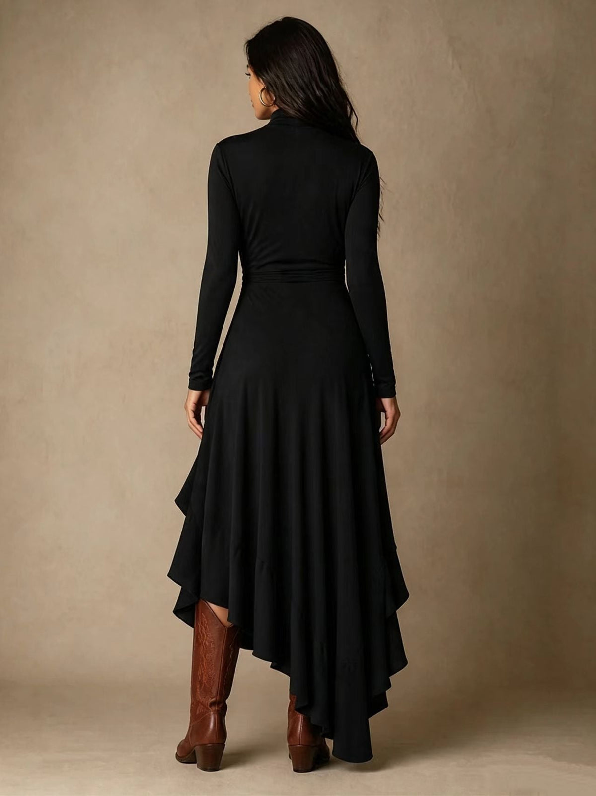Mock Neck Wrap Dress with Asymmetric Ruffle Hem