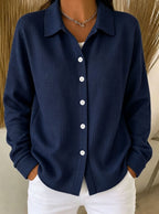 Women¡¯s Light Blue Waffle Knit Lapel Button Down Long Sleeve Shirt - Navy / S