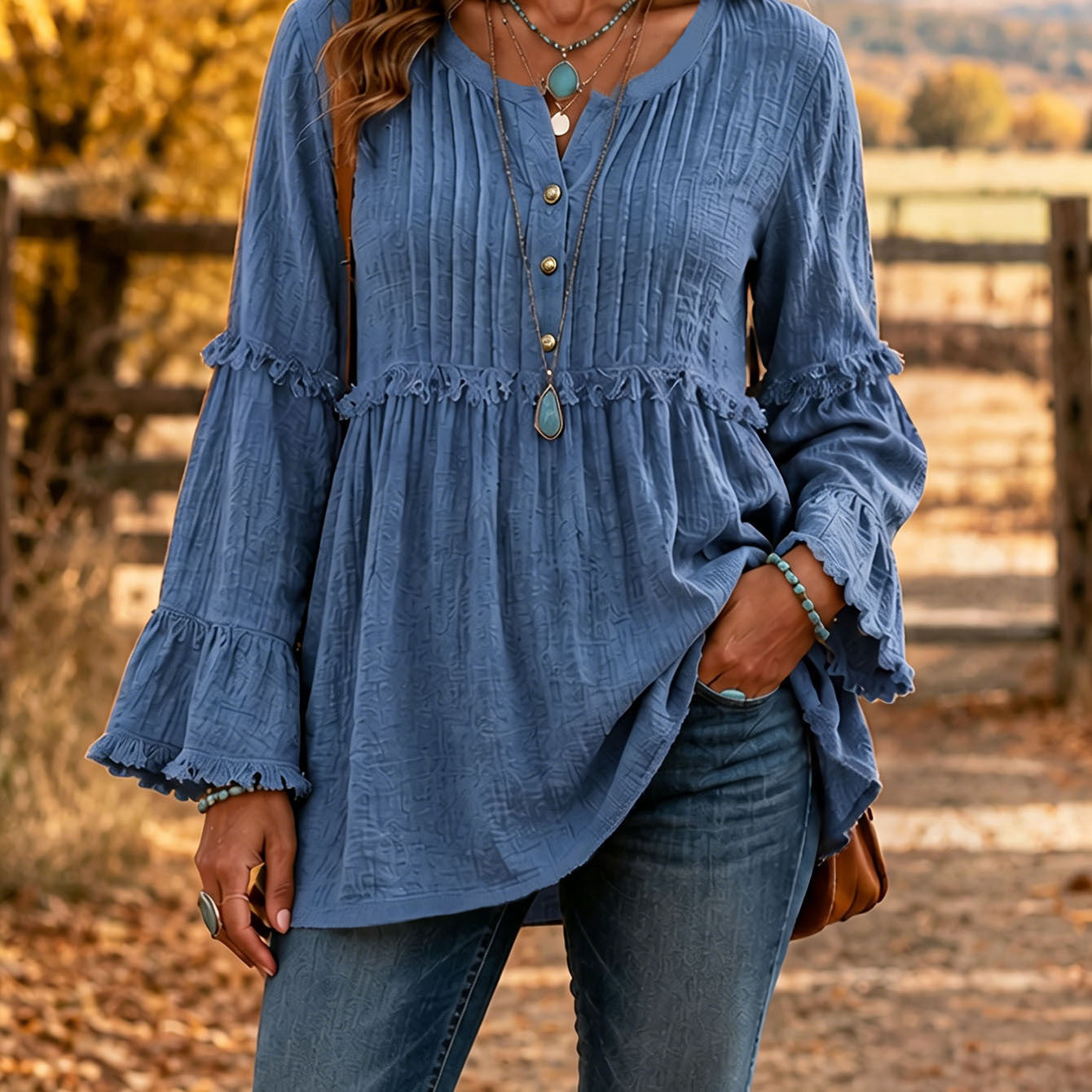Boho Ruffle Bell Sleeve Tunic Casual  Blouse