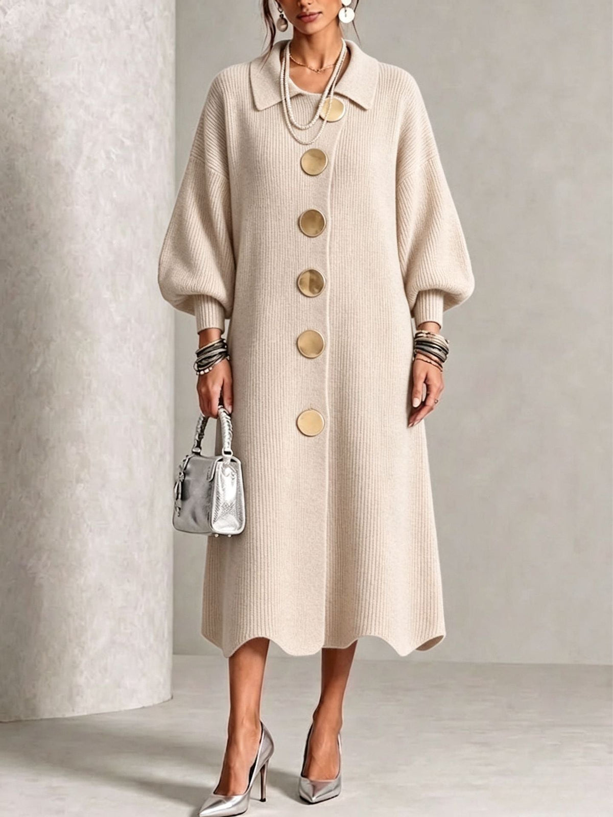 Long-sleeve Knit Dress With A Large Metal Buckle, Lapel Collar, And Lantern Sleeves