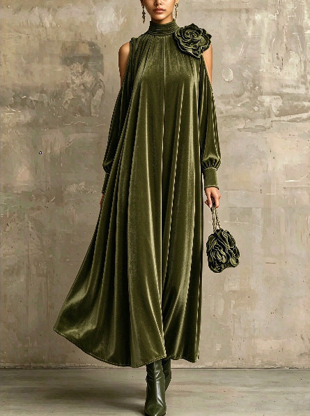 Women's High Neck Cold Shoulder Velvet Maxi Dress With 3D Flower Decoration