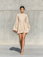 Ruffled High?Neck Bell?Sleeve Elastic Waist Mini Dress