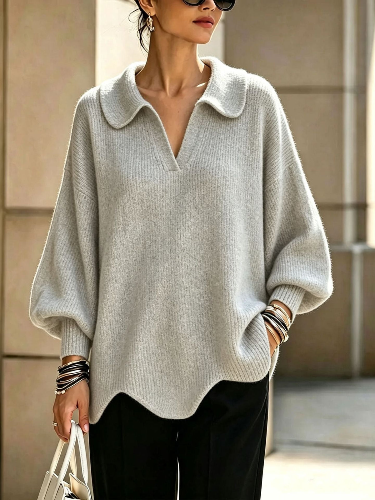 Peter Pan Collar V-Notch Oversized Rib Knit Sweater